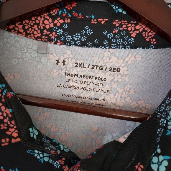 UNDER ARMOUR 2XL Playoff 3.0 Polo Golf Shirt Black Hydro Teal Stretch Floral AOP - Picture 5 of 10